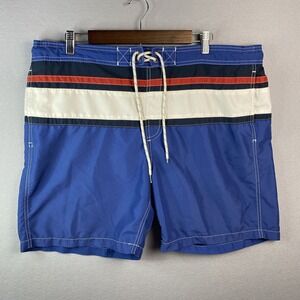 Boston Traders Men XL Swim Trunks Blue White Red Striped Mesh Lined Board Shorts